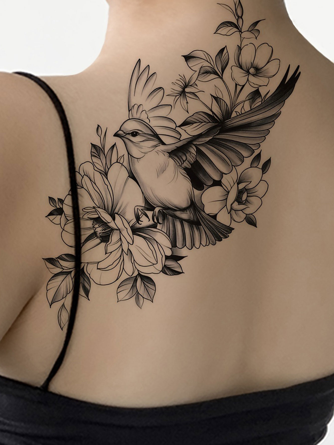 Fashionable Bird and Flower Tattoo Sticker Design
